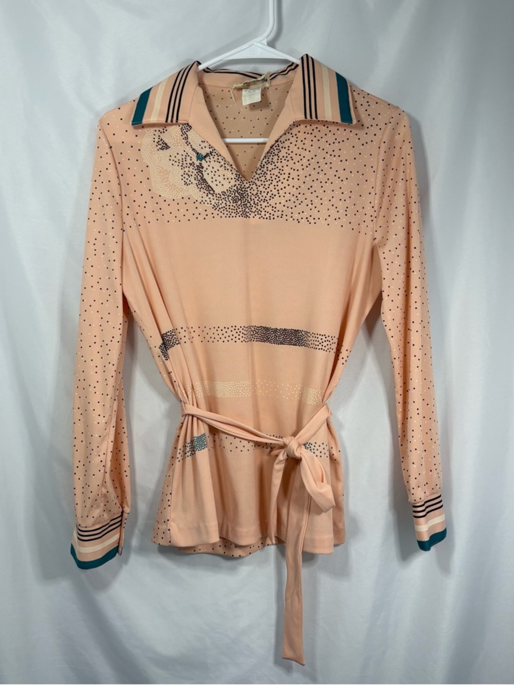 Vintage Trissi Peach Polka Dot Long-Sleeve Tie-Waist Top Size Small